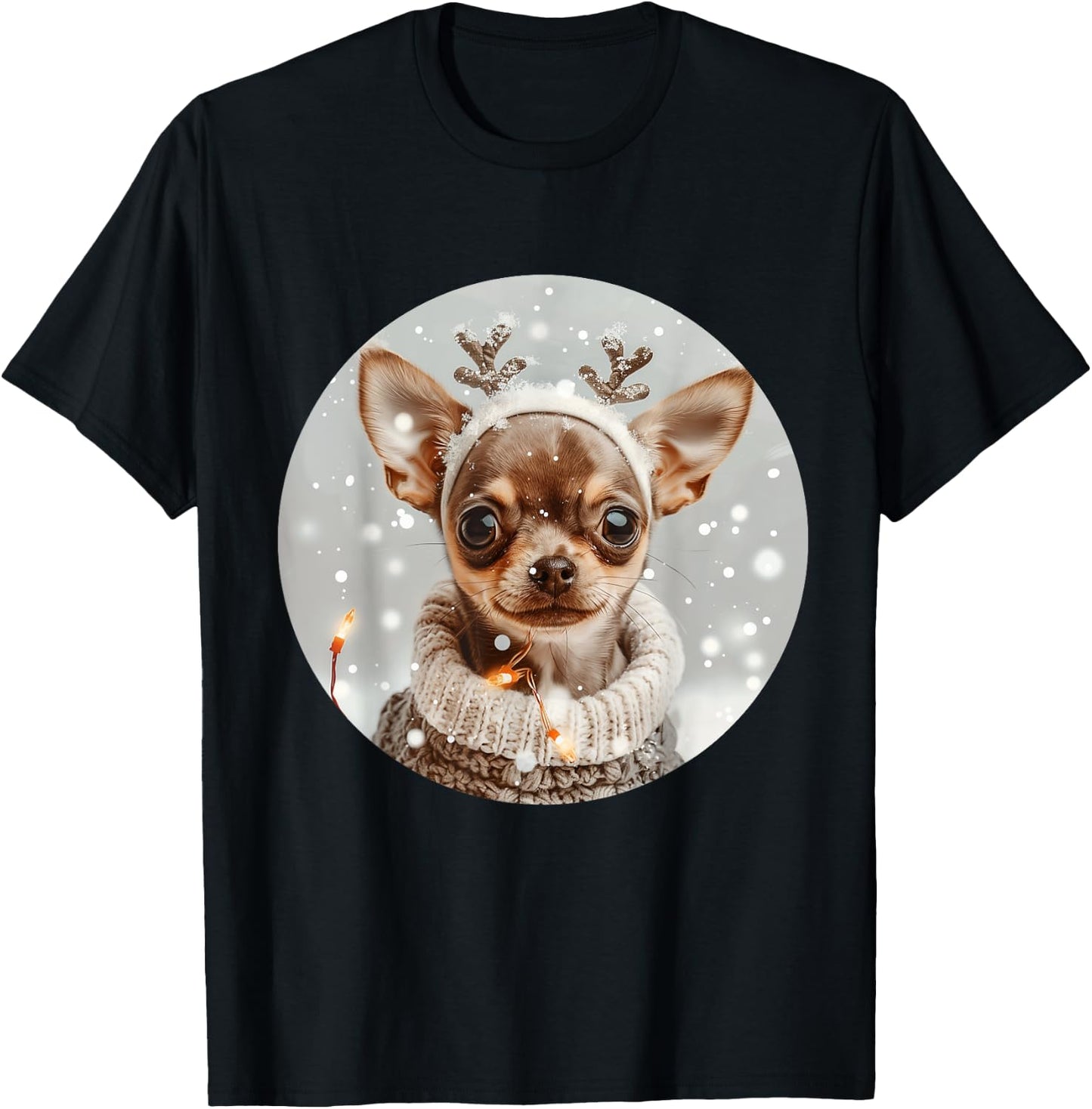 Cute Reindeer Chihuahua Dog Snow Christmas Puppy Snowflakes T-Shirt - T-Shirt | Black