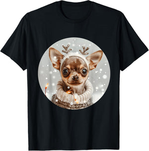 Cute Reindeer Chihuahua Dog Snow Christmas Puppy Snowflakes T-Shirt - T-Shirt | Black