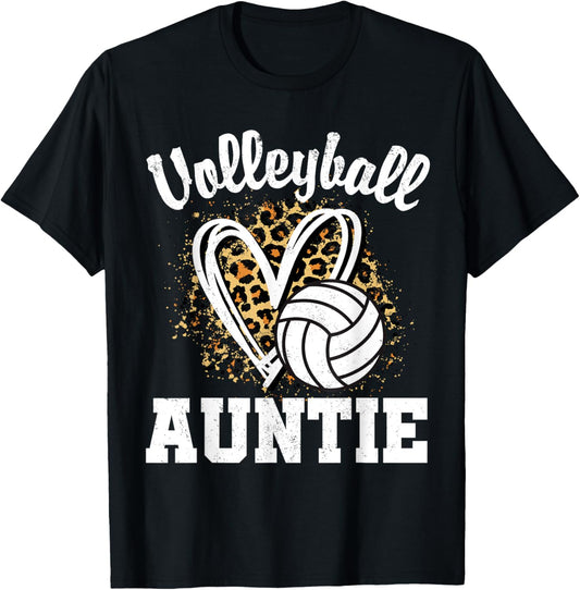 Volleyball Auntie Leopard Heart Matching Family T-Shirt - T-Shirt | Black