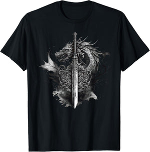 Dragon Sword Roses Tattoo Art Style Medieval Dark Fantasy T-Shirt - T-Shirt | Black