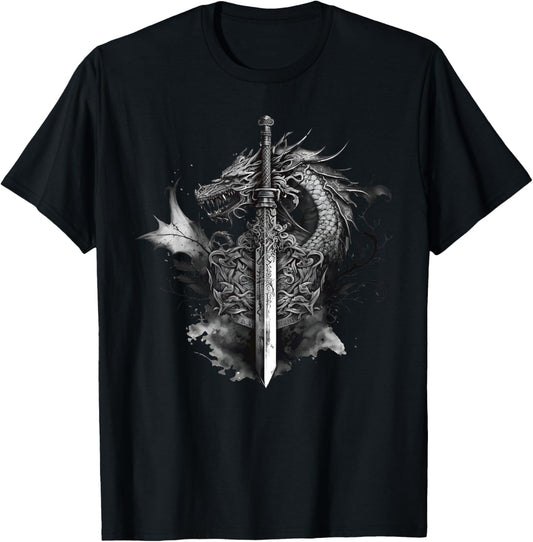 Dragon Sword Roses Tattoo Art Style Medieval Dark Fantasy T-Shirt - T-Shirt | Black