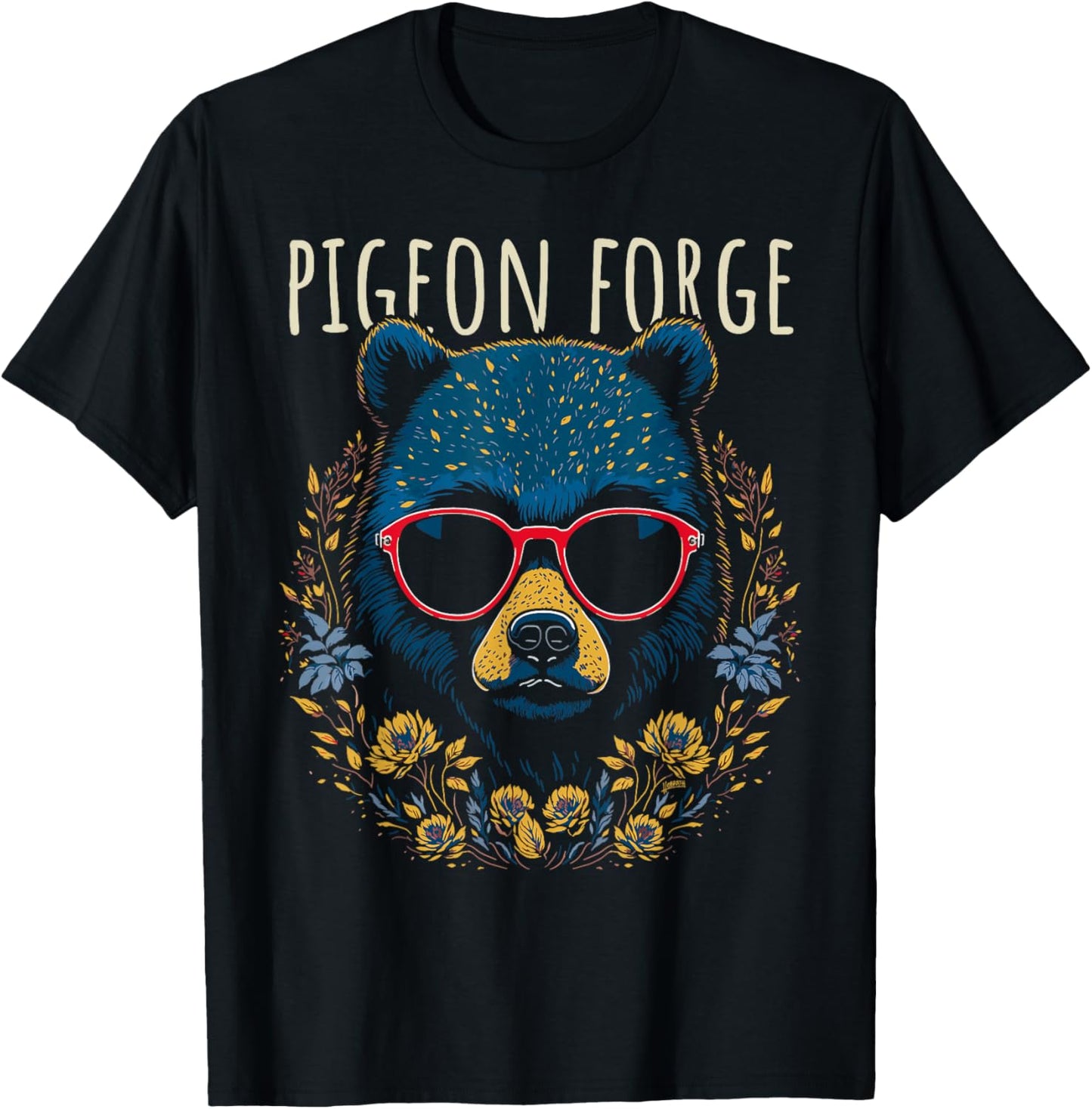 Pigeon Forge TN Fun Bear Wearing Glasses with Flowers Design T-Shirt - T-Shirt | Black