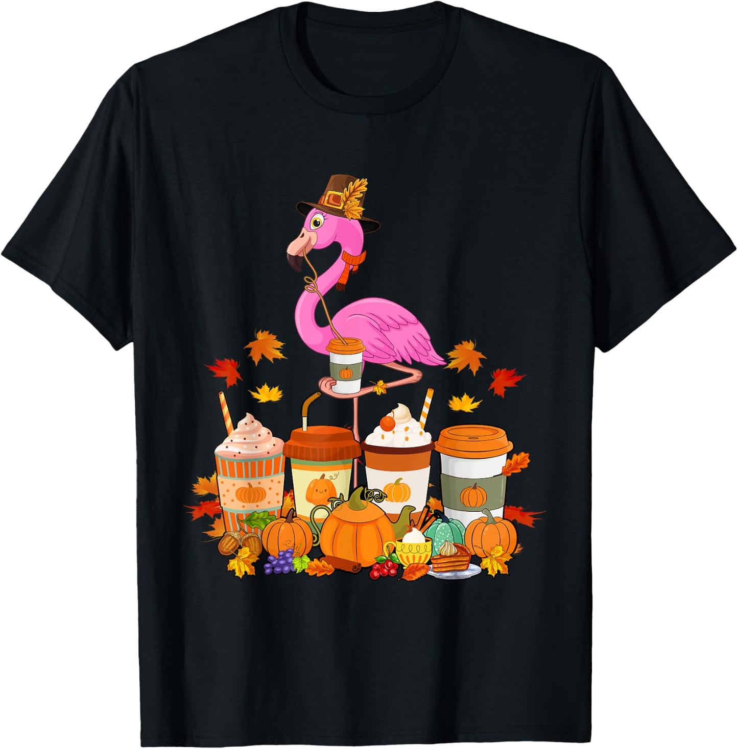 Thanksgiving Flamingo Wearing Hat Case Coffee Cups Lover T-Shirt - T-Shirt | Black