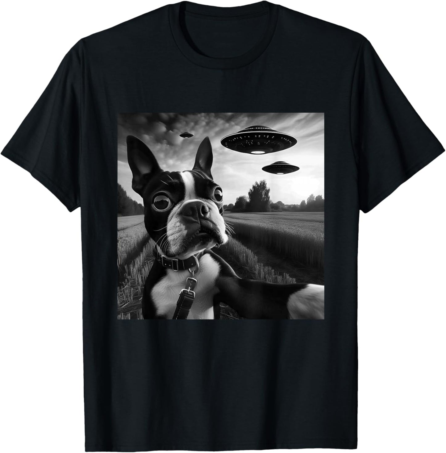 Boston Terrier Funny Graphic Selfie with UFOs Weird Aliens T-Shirt - T-Shirt | Black