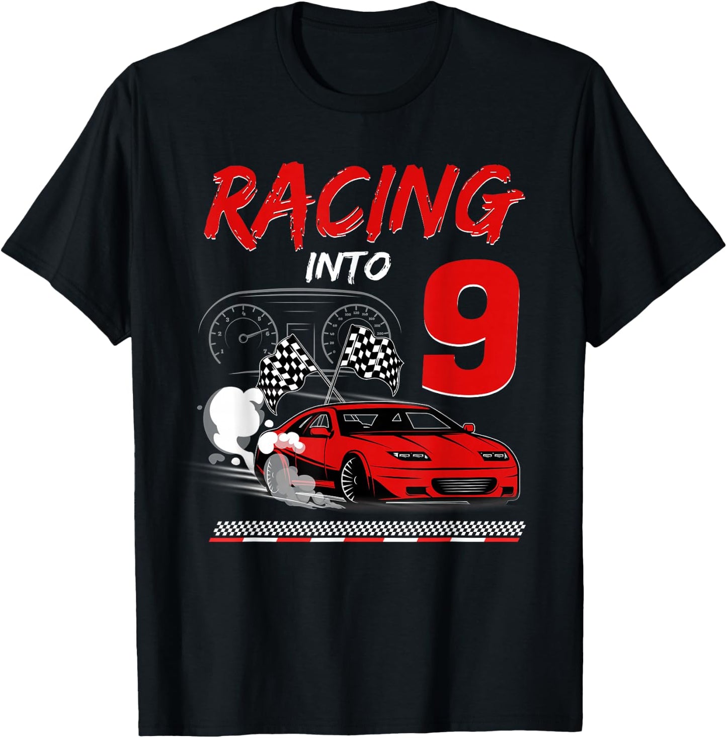 Racing into 9 Year Old Birthday Race Car 9th Boy Party T-Shirt - T-Shirt | Black