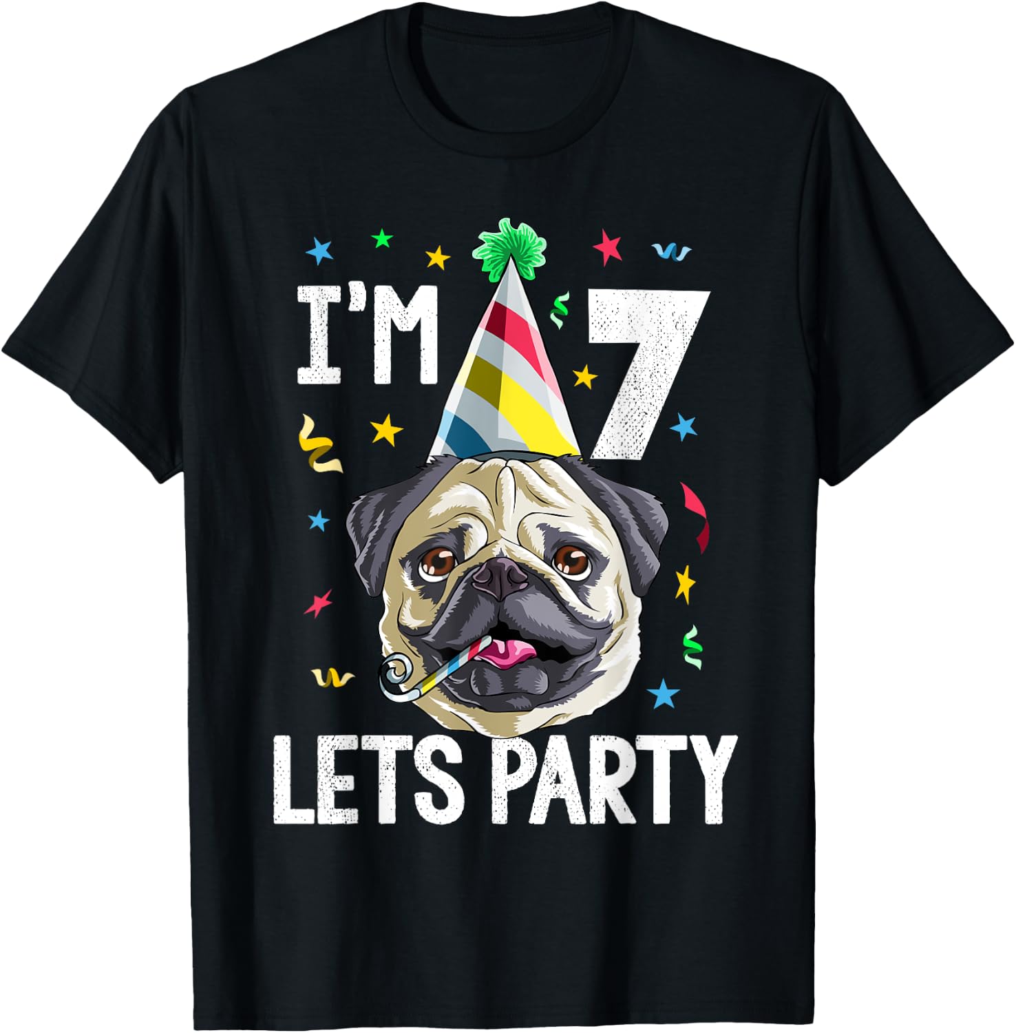 Pug Birthday 7th T Shirt Dog Kids Boys Girls Gift Party T-Shirt - T-Shirt | Black