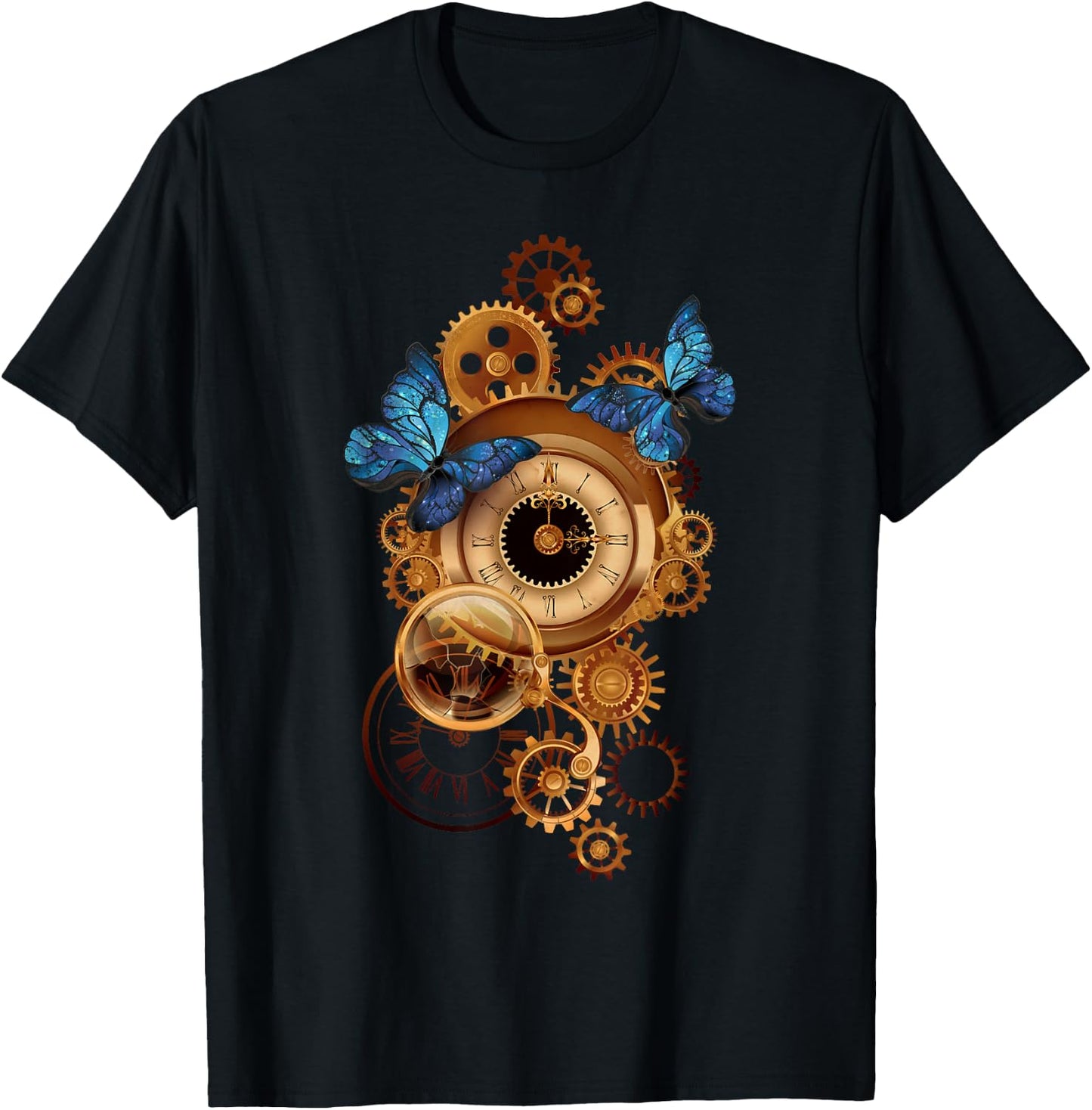 Steampunk Clock Gear and Butterflies Vintage Retro Aesthetic T-Shirt - T-Shirt | Black