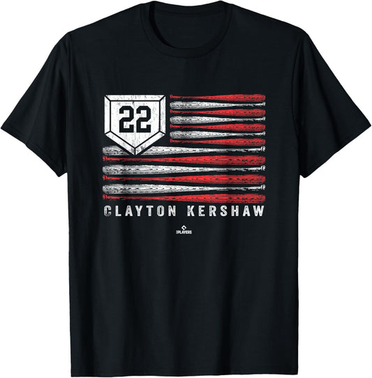 Vintage US Flag Baseball Stripes Clayton Kershaw MLBPA T-Shirt - T-Shirt | Black