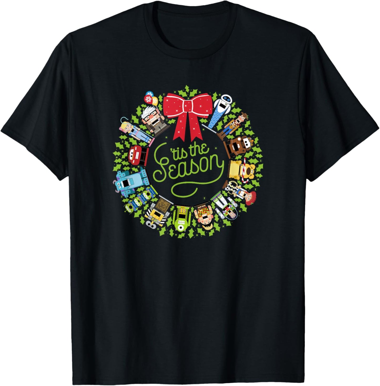 Disney Pixar Christmas Group Tis The Season Wreath T-Shirt - T-Shirt | Black