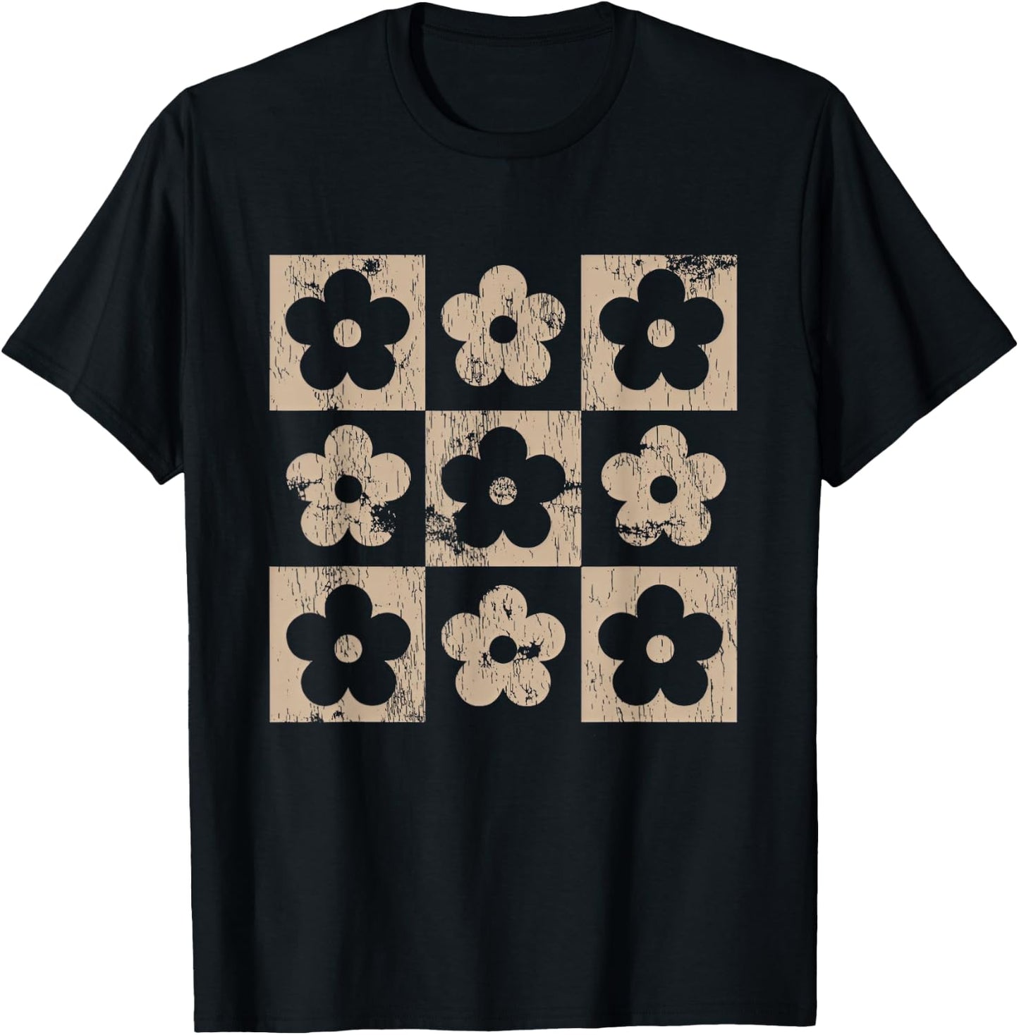 Neutral Checkerboard Daisy Flowers Retro Boho Floral Women T-Shirt - T-Shirt | Black