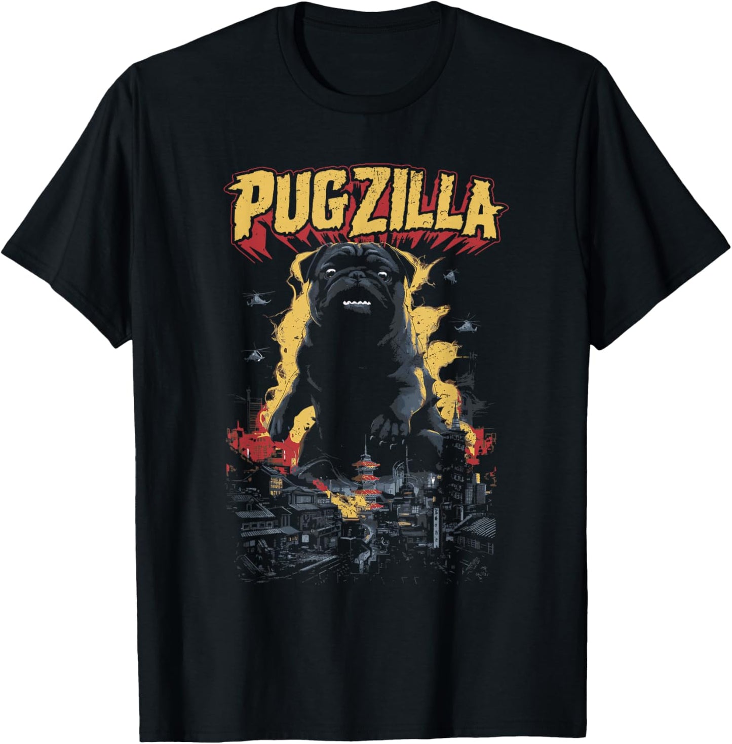 Pug Pet Dog Breed Pugzilla Funny Pug Lover Pug Owner Distressed -Adult Black Short Sleeve T-Shirt - T-Shirt | Black