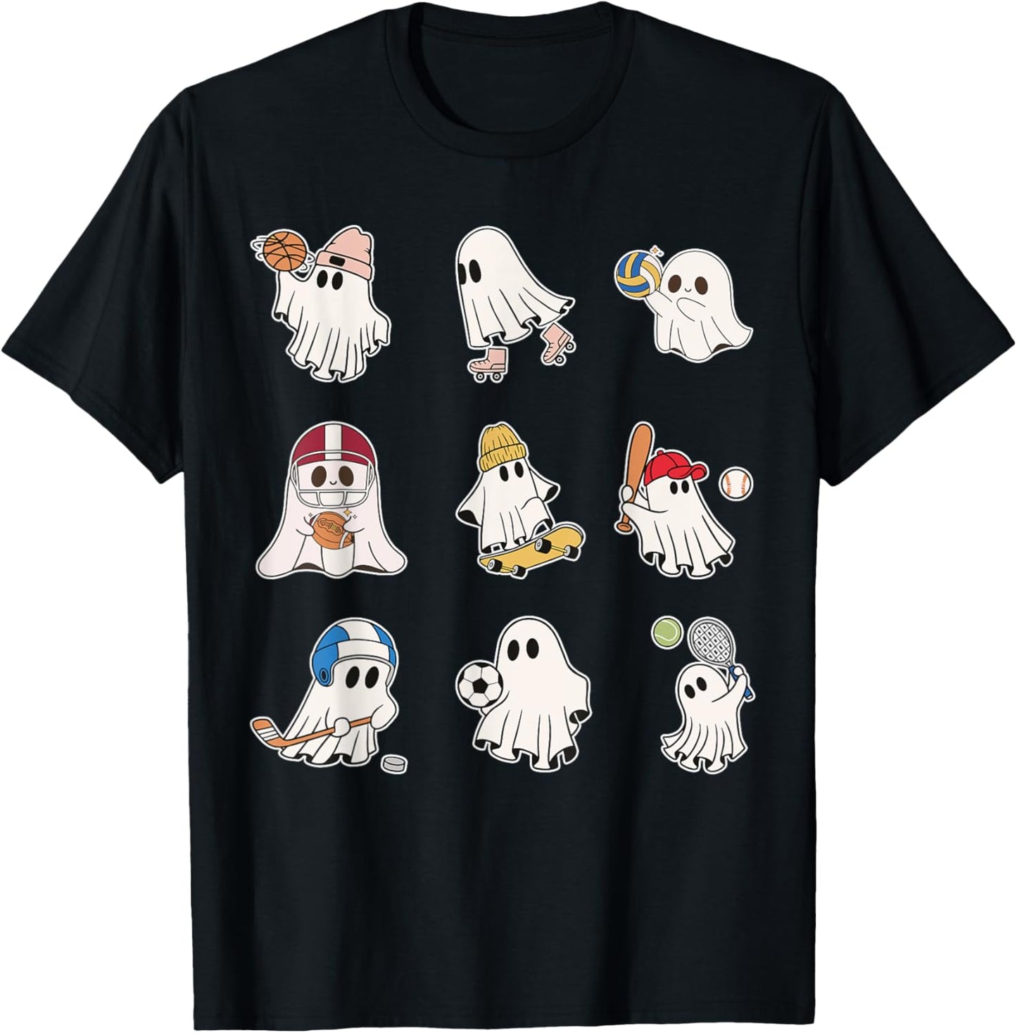 Sports Ghost Halloween Ghost Basketball Baseball Volleyball T-Shirt - T-Shirt | Black