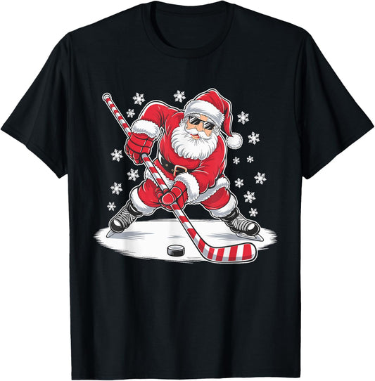 Funny Christmas Santa Playing Ice Hockey Xmas Sport T-Shirt - T-Shirt | Black