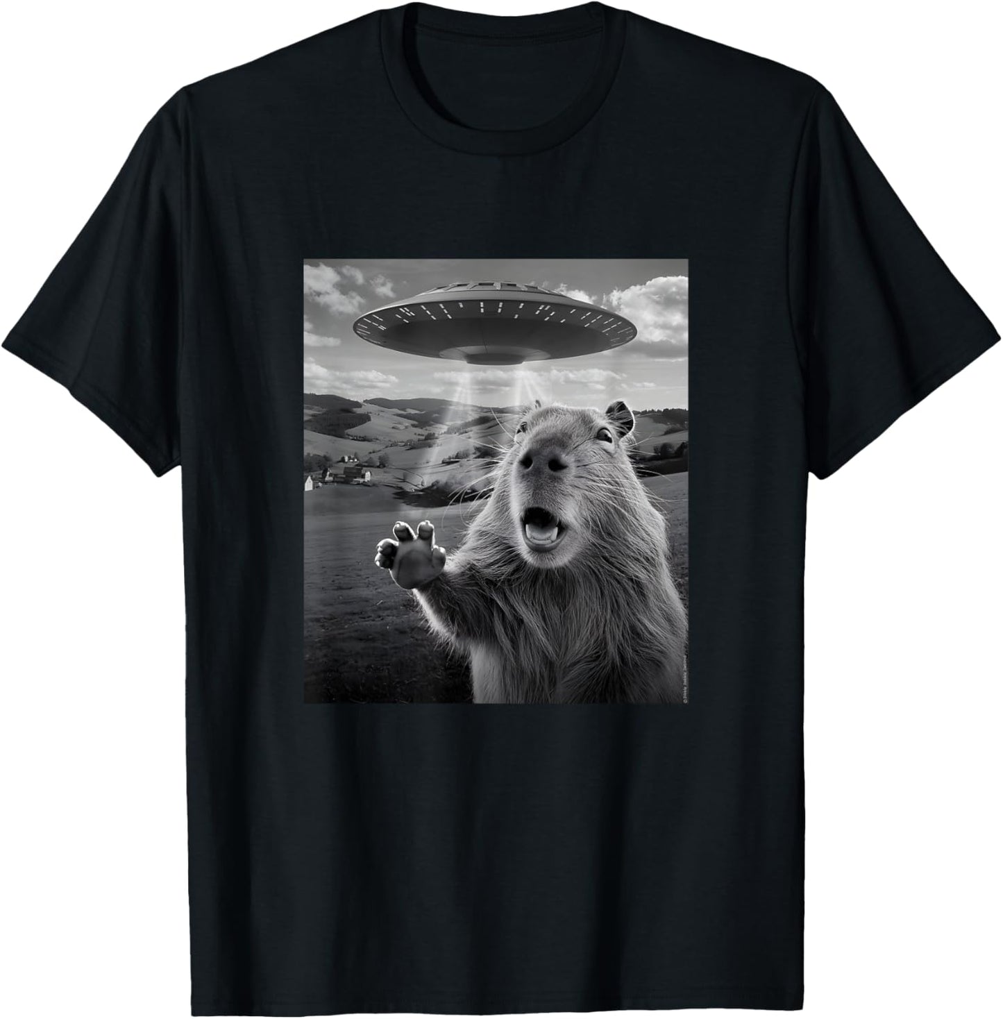 Alien UFO with Scared Capybara Funny UFO T-Shirt - T-Shirt | Black