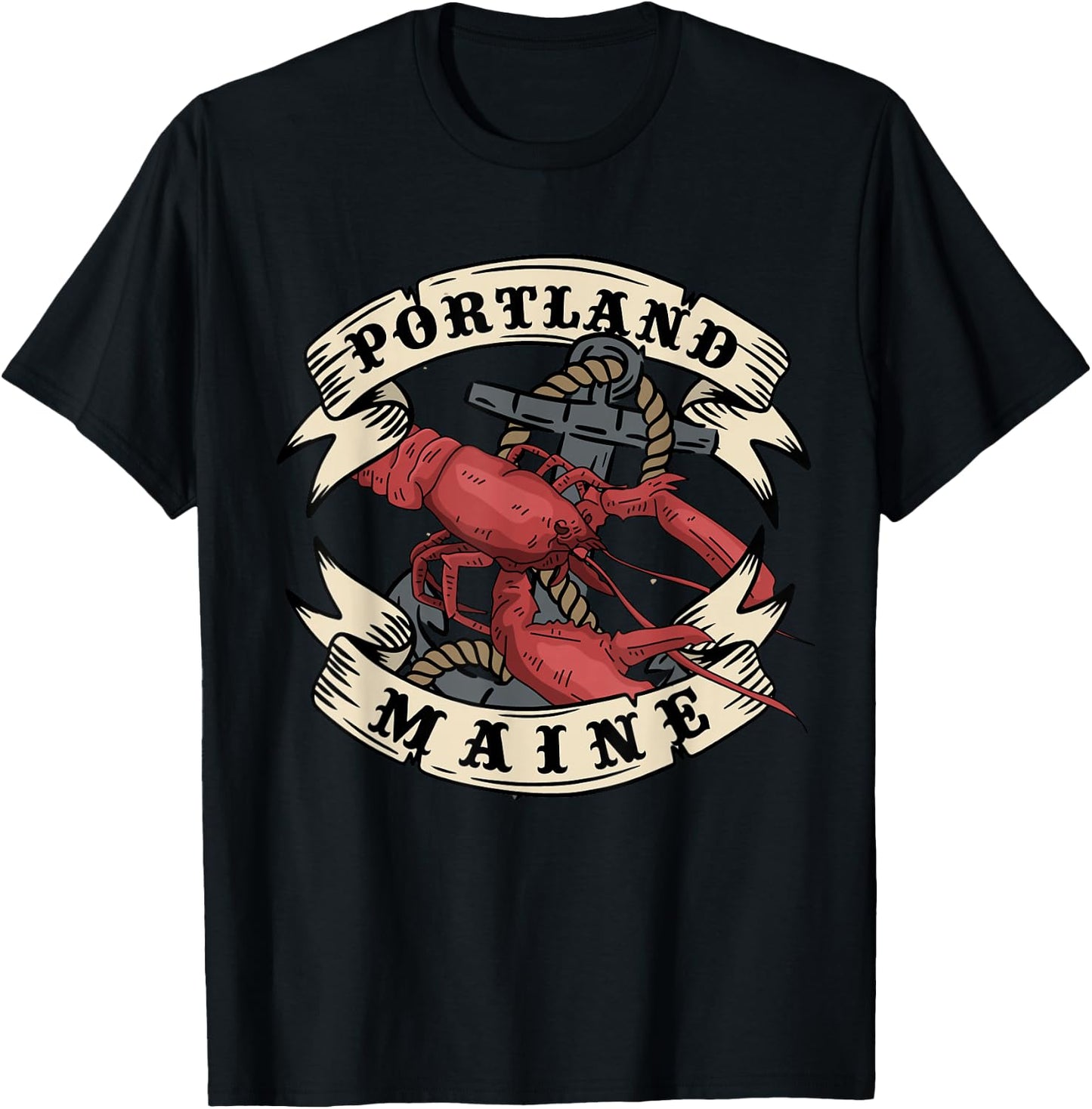 Portland Maine State Design Vintage Anchor and Lobster T-Shirt - T-Shirt | Black