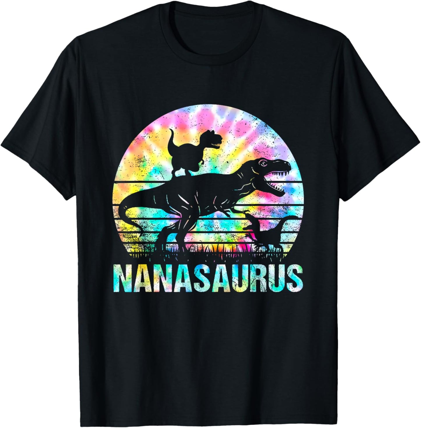 Nanasaurus T Rex Dinosaur Mom Saurus Tie Dye Vintage 70s T-Shirt - T-Shirt | Black