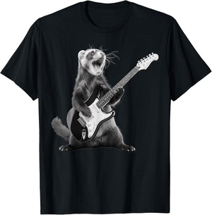 Ferret Playing Guitar Rock and Roll Gifts Women Kid T-Shirt - T-Shirt | Black