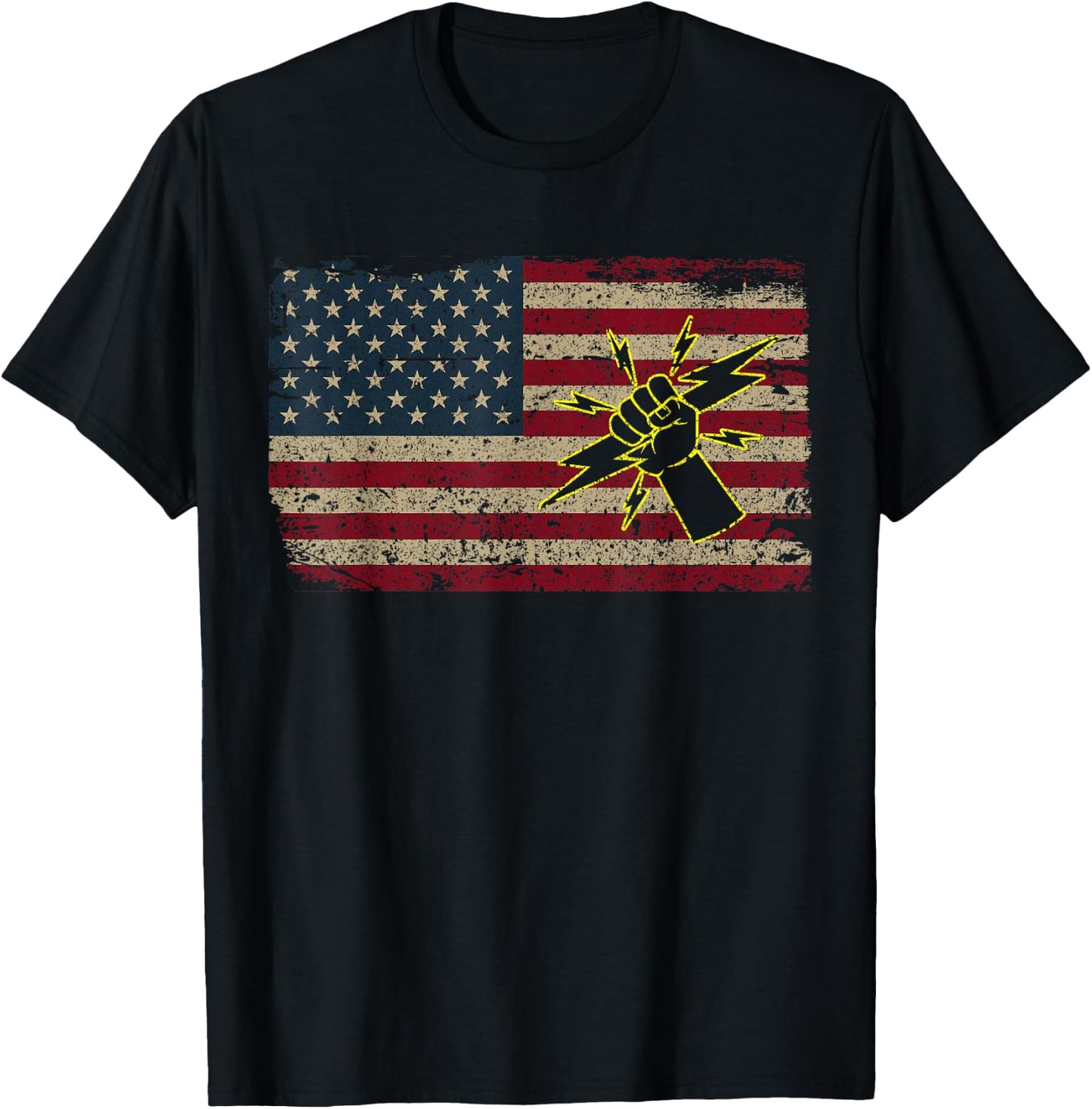 Electrician America Flag Patriotic Electricity Gift T-Shirt - T-Shirt | Black
