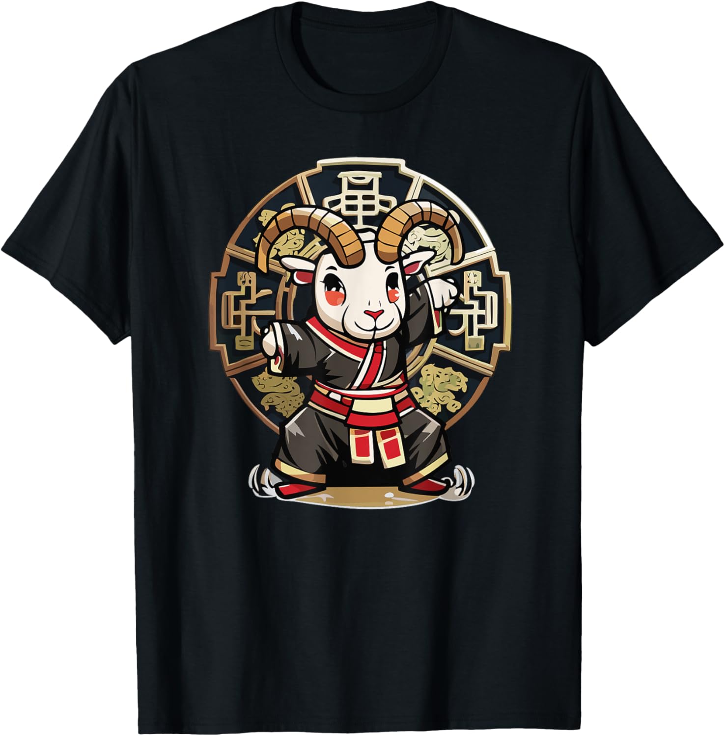 Monkey Style Studios Cute Kawaii Asian Chinese Goat Ram Zodiac Lunar New Year , Small, Black T-Shirt - T-Shirt | Black