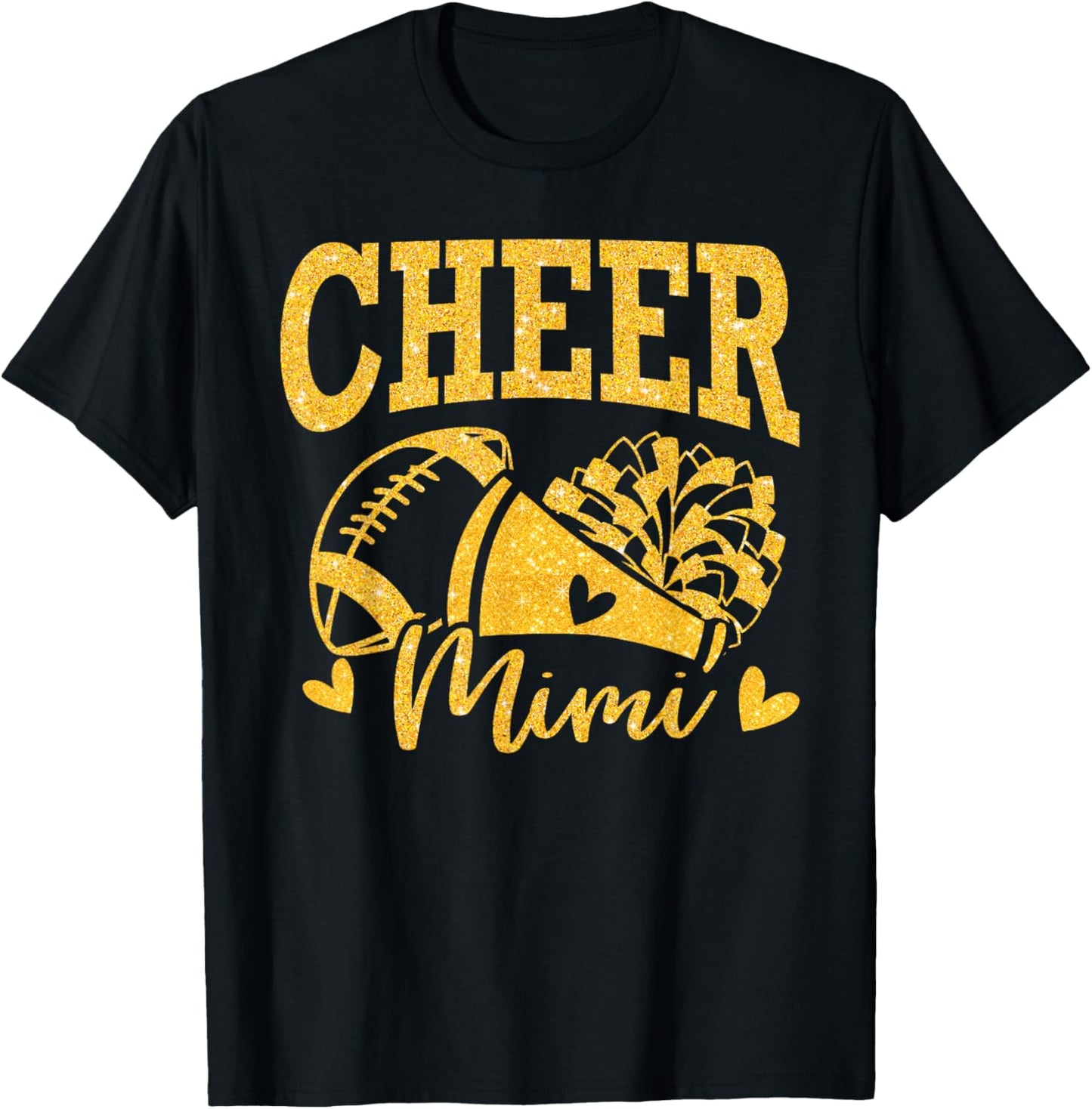 Cheer Mimi Biggest Fan Black Gold Pom Pom Mothers Day T-Shirt - T-Shirt | Black