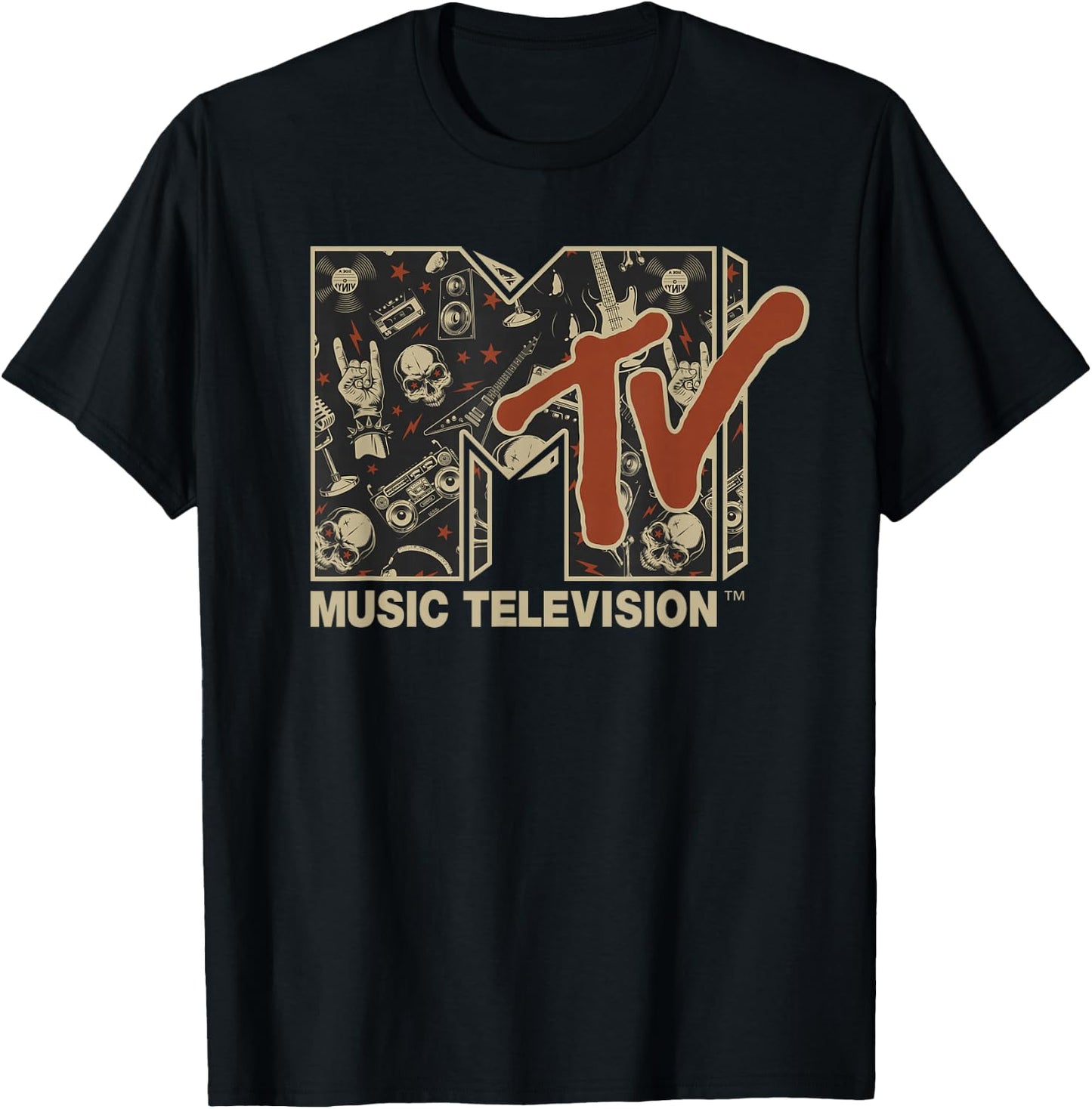 MTV Rock n Roll Music Hard Heavy Metal Skull Guitar Vintage T-Shirt - T-Shirt | Black