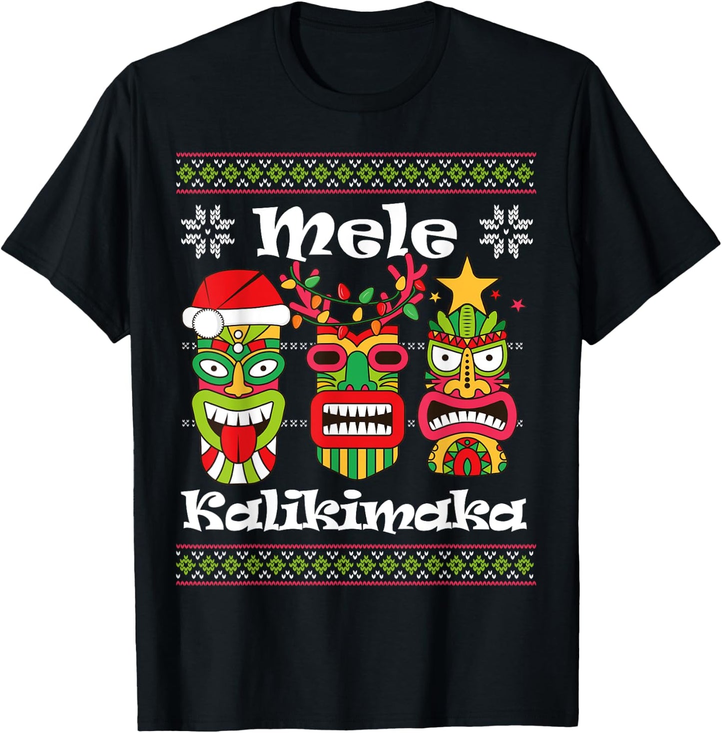 Mele Kalikimaka Christmas Hawaiian Santa Tiki Ugly Xmas T-Shirt - T-Shirt | Black