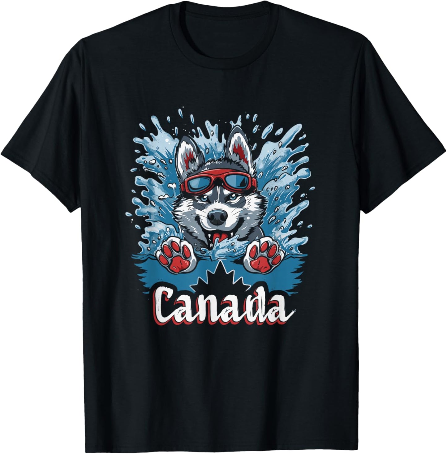 Canada Husky Dog Swimming Art - Canadian Souvenir T-Shirt - T-Shirt | Black