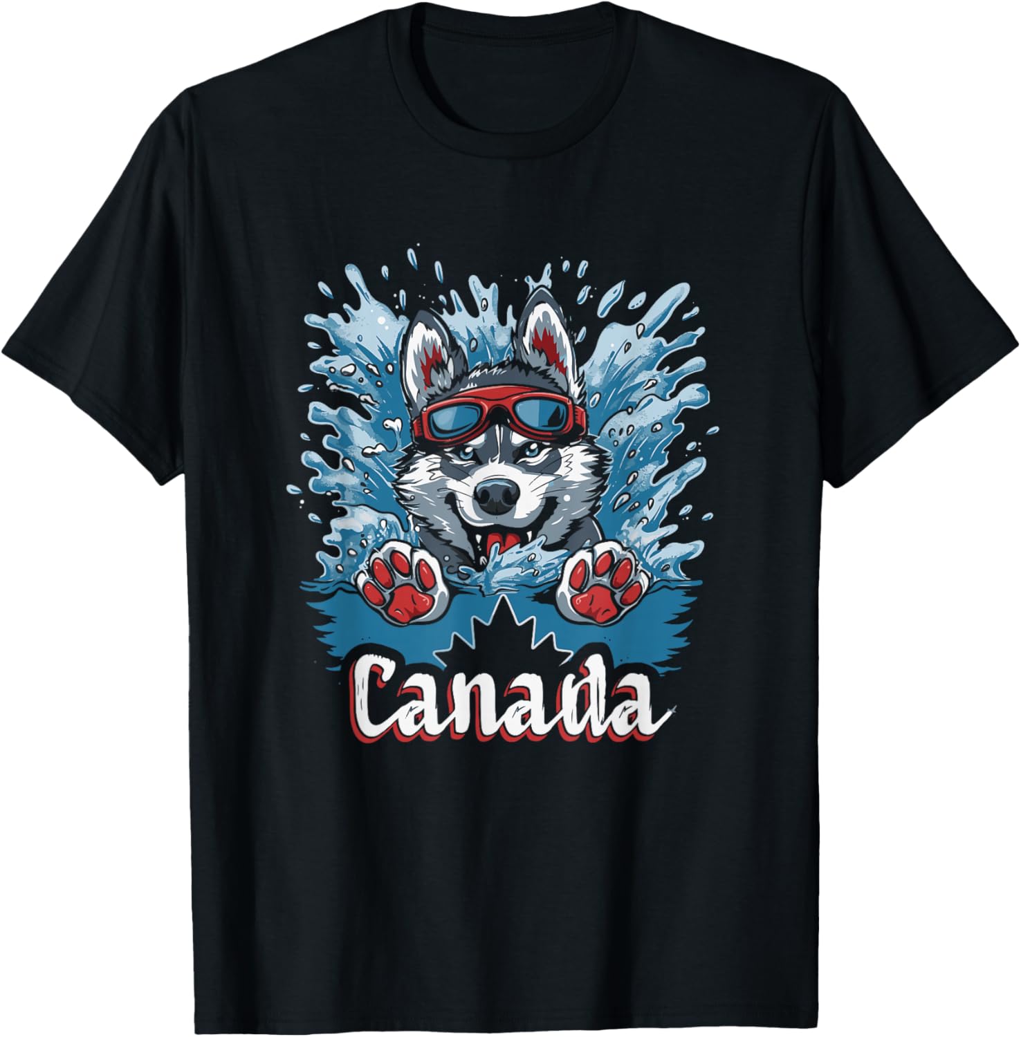 Canada Husky Dog Swimming Art - Canadian Souvenir T-Shirt - T-Shirt | Black