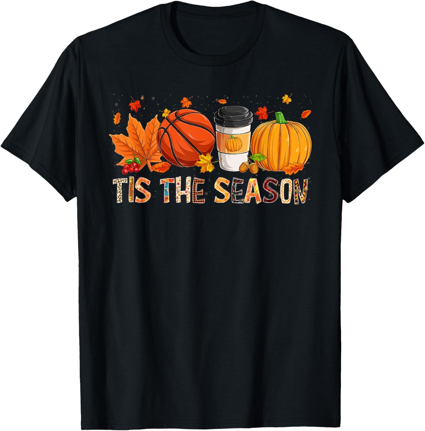 The Season Leopard Pumpkin Basketball Halloween Fall Leaf T-Shirt - T-Shirt | Black