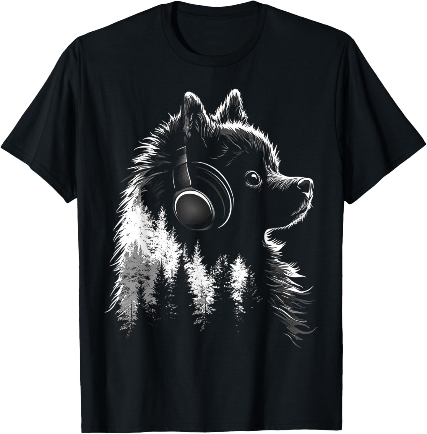 Pomeranian Dog Motif Pet Music Headphone Pomeranian T-Shirt - T-Shirt | Black