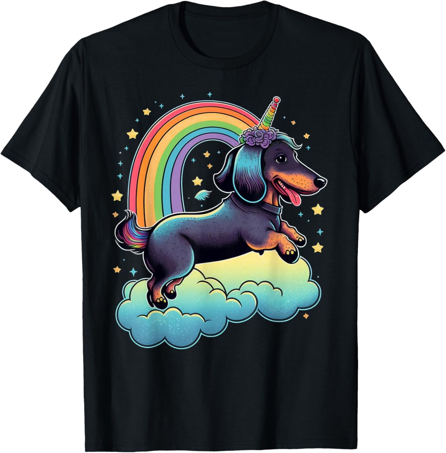 Dachshund Unicorn on Rainbow Unicorn Dachshund T-Shirt - T-Shirt | Black