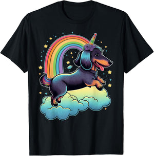Dachshund Unicorn on Rainbow Unicorn Dachshund T-Shirt - T-Shirt | Black