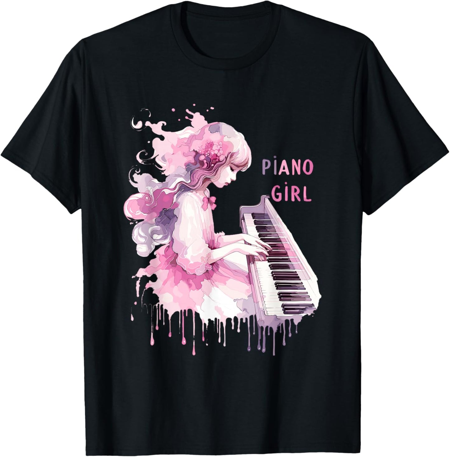 Cute Watercolor Piano Girl Pianist Keyboard Musician Music T-Shirt - T-Shirt | Black