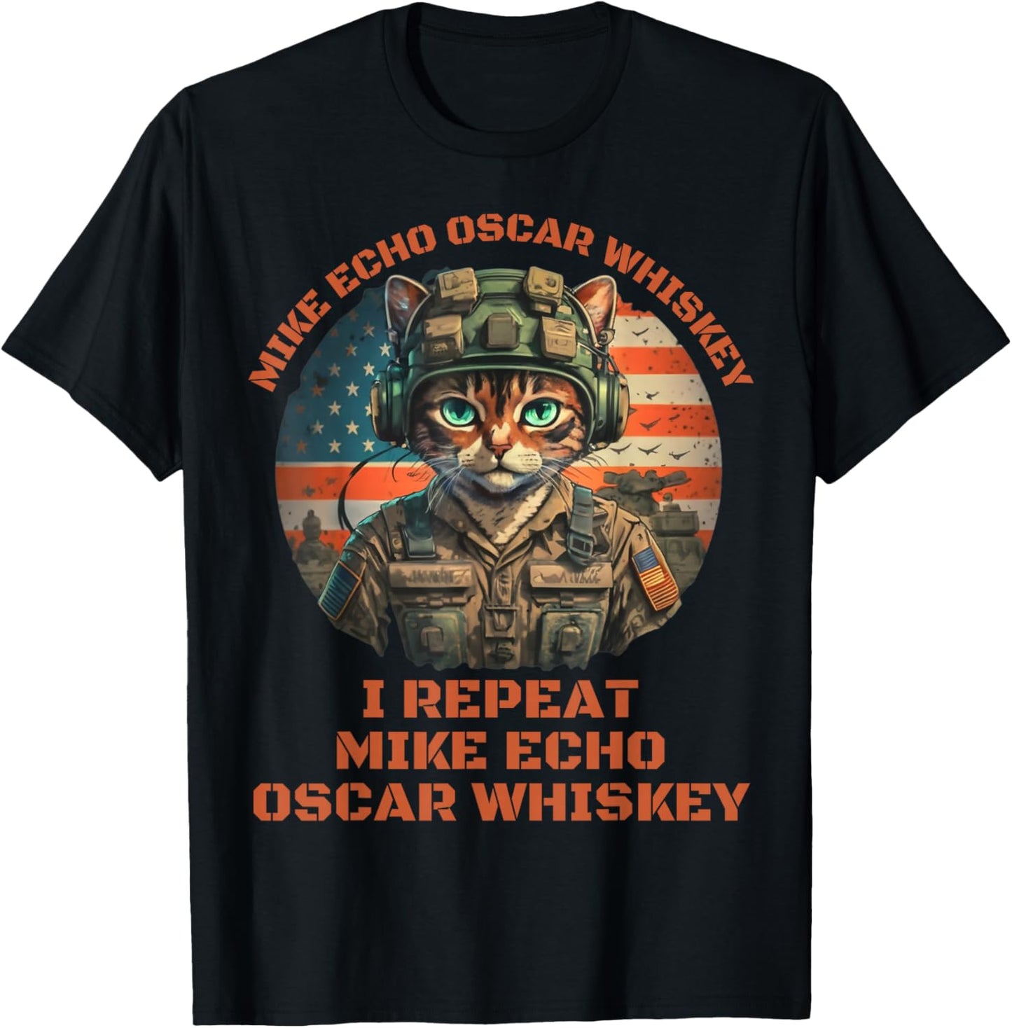Funny Cat Military Mike Echo Oscar Foxtrot MEOW T-Shirt - T-Shirt | Black