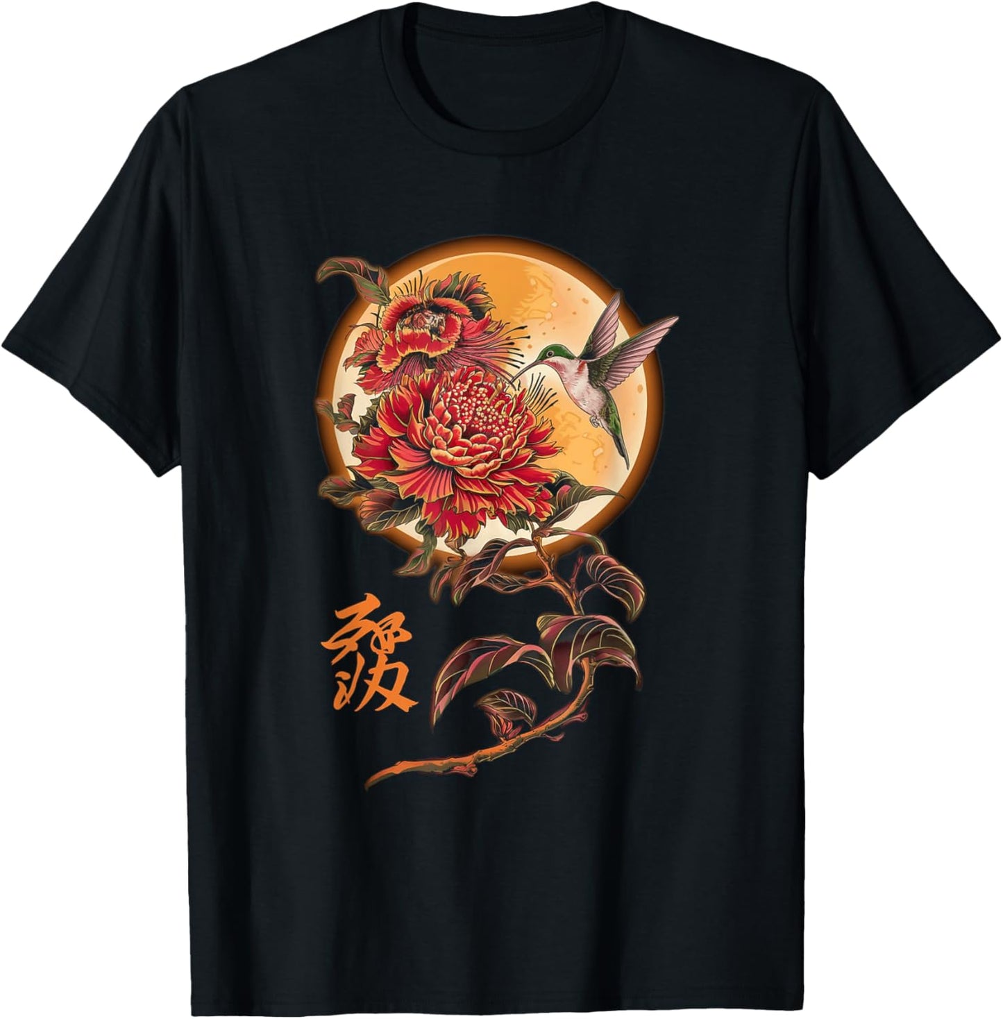 Vibrant Life Hummingbird with Hibiscus Moon Japanese Style T-Shirt - T-Shirt | Black