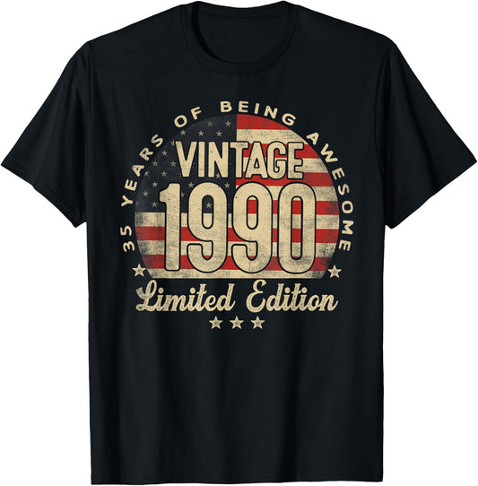 Vintage 1990 Limited Edition 35-Year-Old Gifts USA Flag T-Shirt - T-Shirt | Black