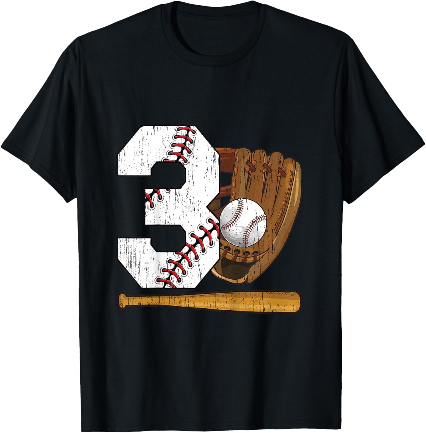 Kids 3rd Birthday Baseball Boy Three Year Old Baseball Player T-Shirt - T-Shirt | Black