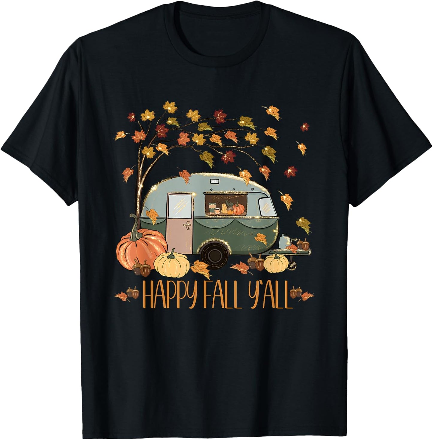 Happy Fall Yall For Camper Women Cute Autumn Fall Quote T-Shirt - T-Shirt | Black