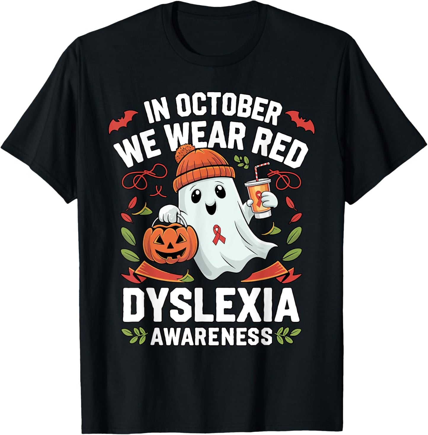Awareness Ribbon October Wear Red Dyslexia Awareness Ghost T-Shirt - T-Shirt | Black