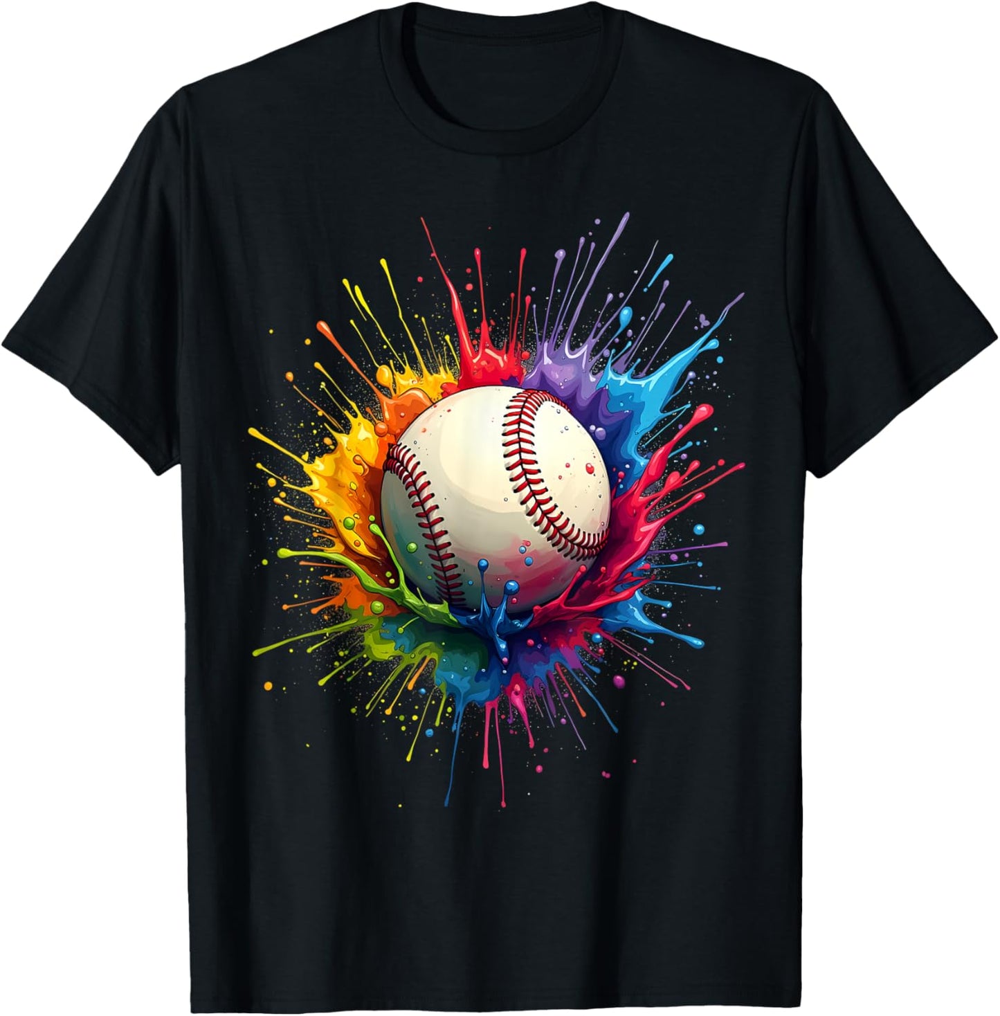 Baseball Player Color Art Colorful Tie Dye Paint Splatter T-Shirt - T-Shirt | Black