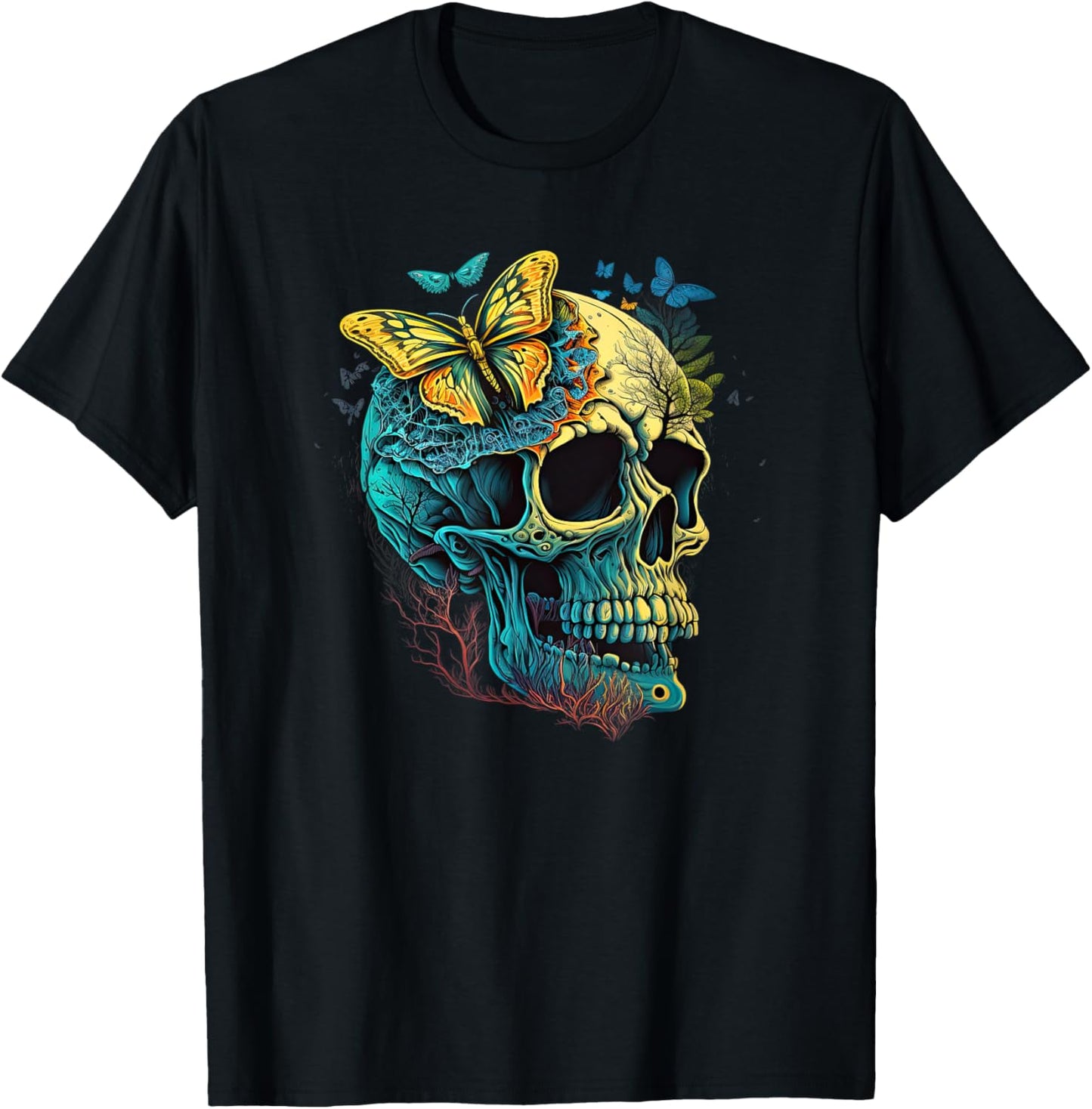Skull with Vibrant Butterfly flower and mushroom T-Shirt - T-Shirt | Black