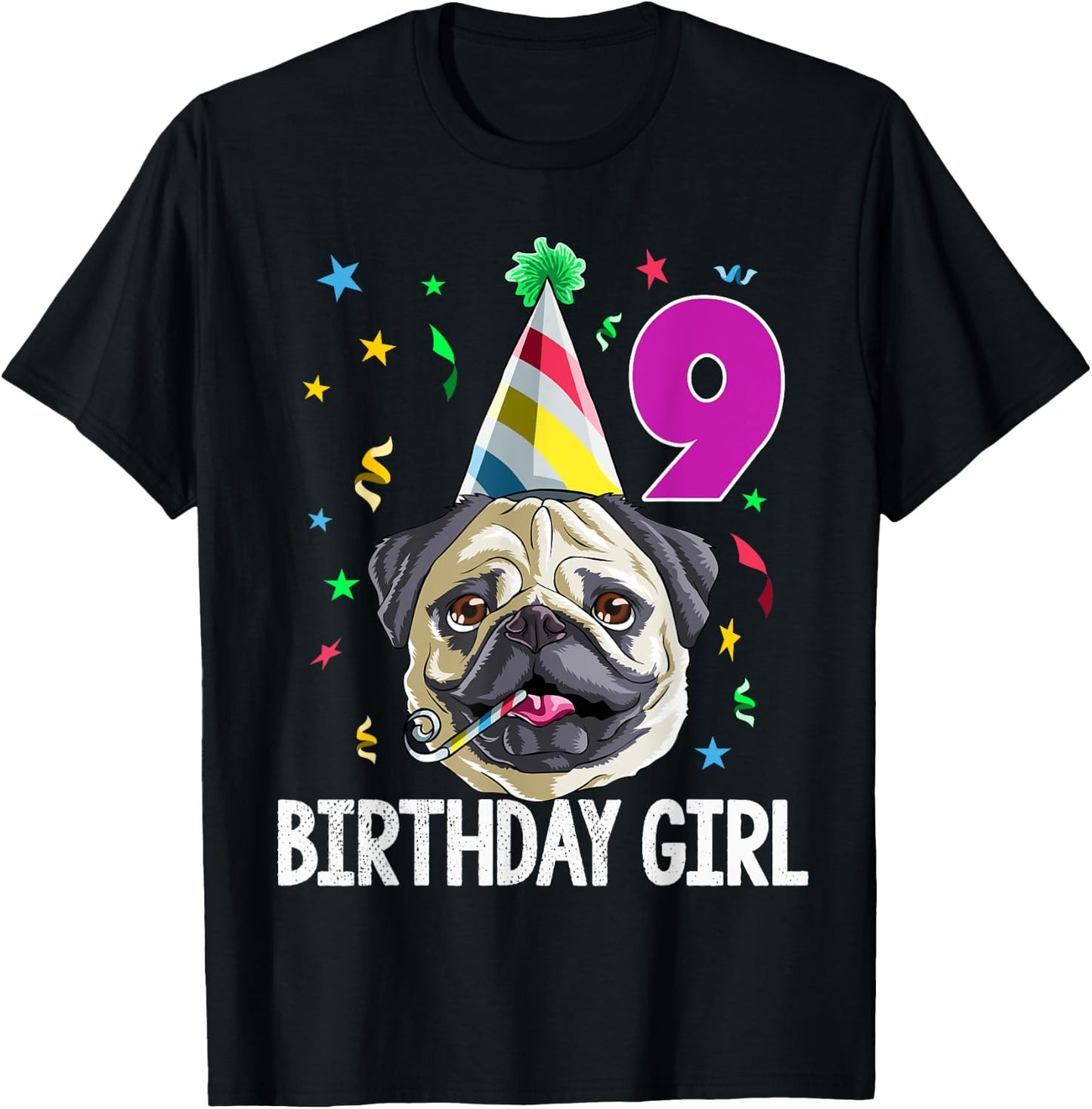 Pug Birthday Girl 9th 9 T Shirt Kids Girls Gift Party T-Shirt - T-Shirt | Black