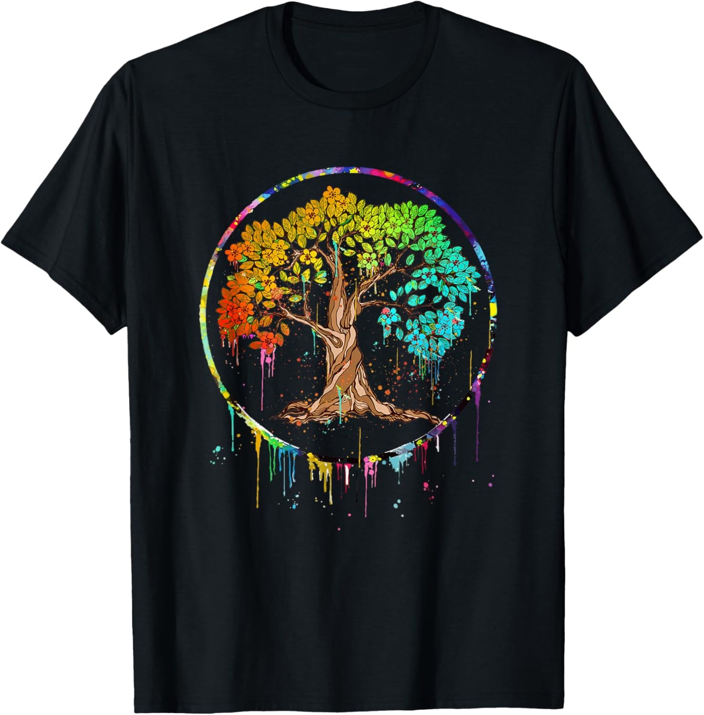 Colorful Tree Life is Really Good Tree Art Watercolor Circle T-Shirt - T-Shirt | Black
