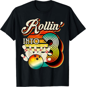 Rollin into Bowling 3 Year Old Retro Birthday 3rd Bday Party T-Shirt - T-Shirt | Black