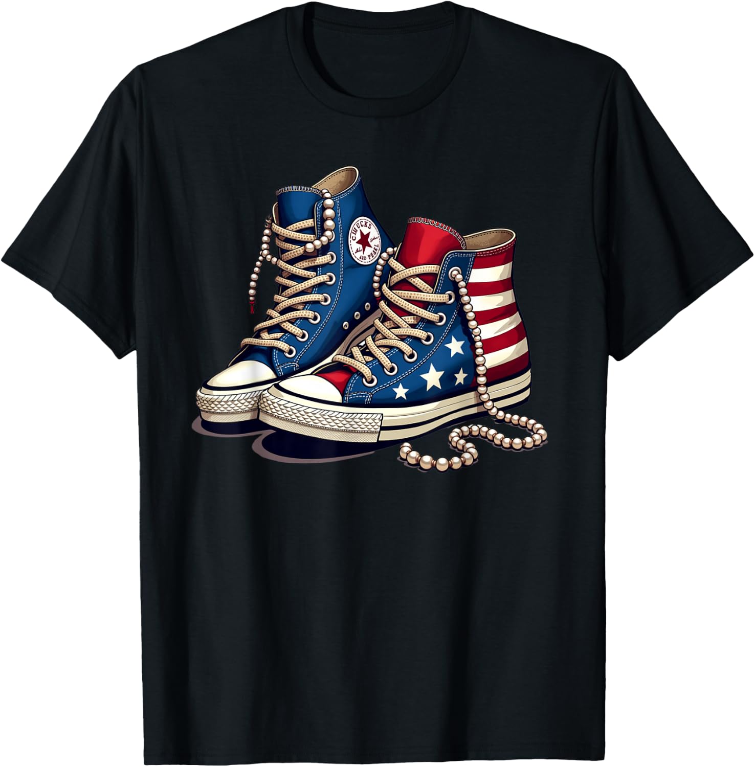 Women Girls Chucks and Pearls Cute Shoes Bling 2024 T-Shirt - T-Shirt | Black