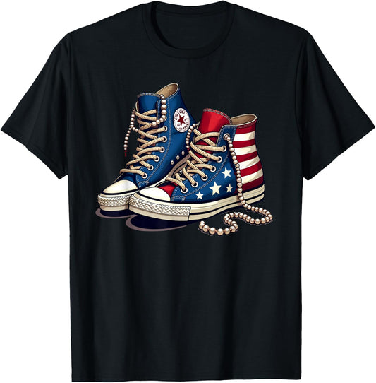 Women Girls Chucks and Pearls Cute Shoes Bling 2024 T-Shirt - T-Shirt | Black