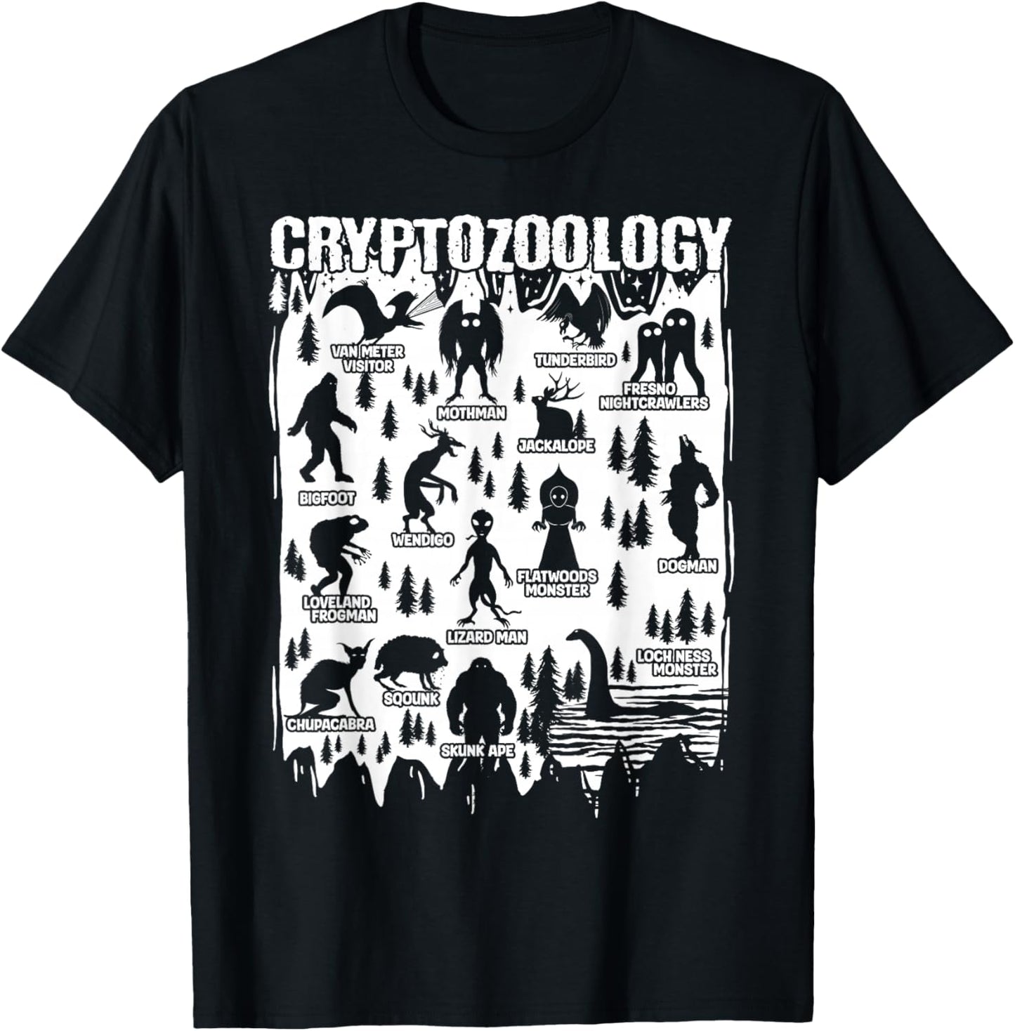 Cryptozoology Cryptid Bigfoot Mothman Dogman Other Monsters T-Shirt - T-Shirt | Black