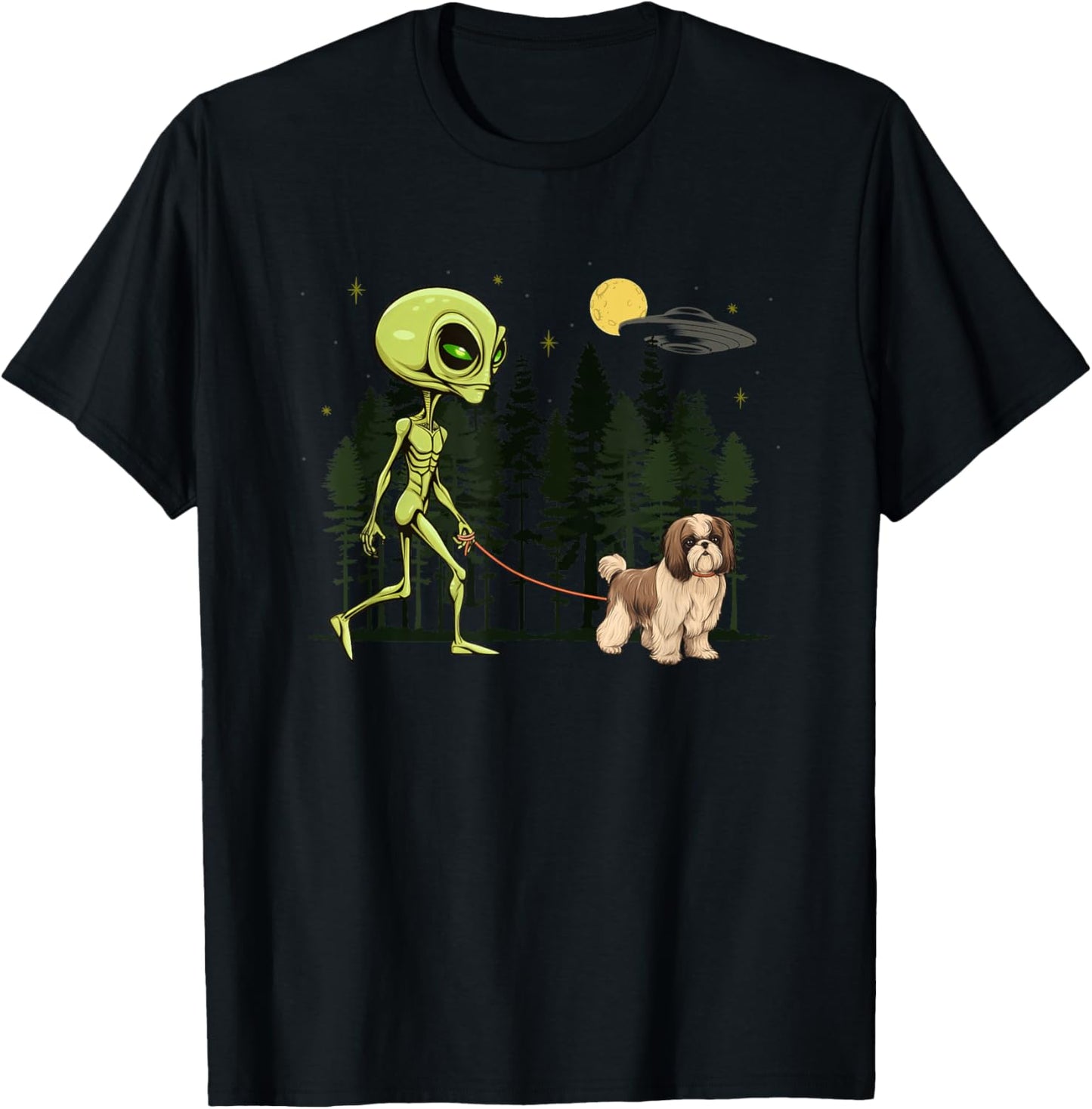 Funny Shih Tzu Alien Walking UFO Pet Dog Mom Dad T-Shirt - T-Shirt | Black