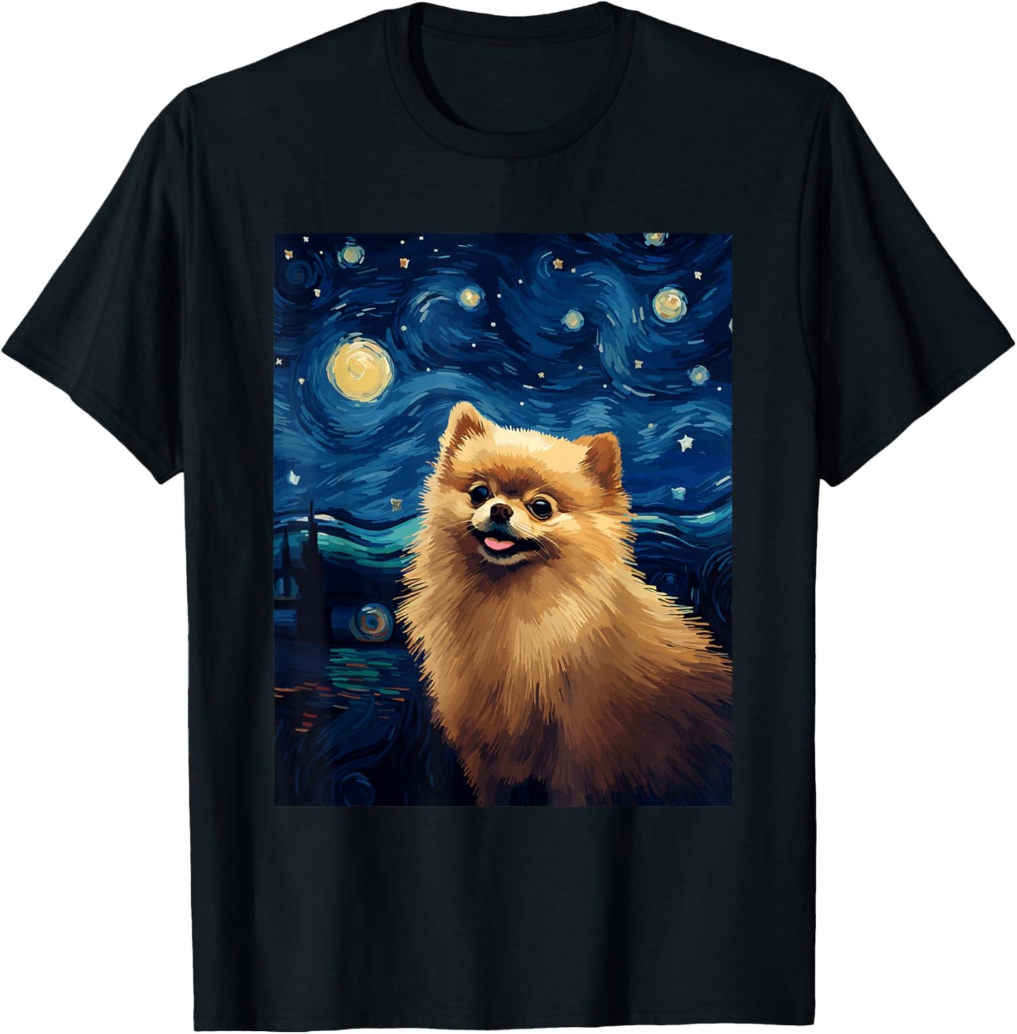 Pomeranian Dog Starry Night Van Gogh Art Lover T-Shirt - T-Shirt | Black