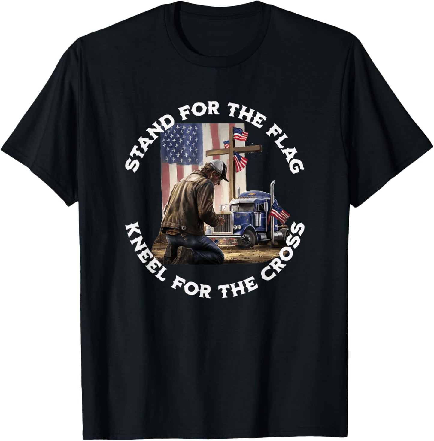 American Trucker Praying At The Cross & US Flag Christian T-Shirt - T-Shirt | Black